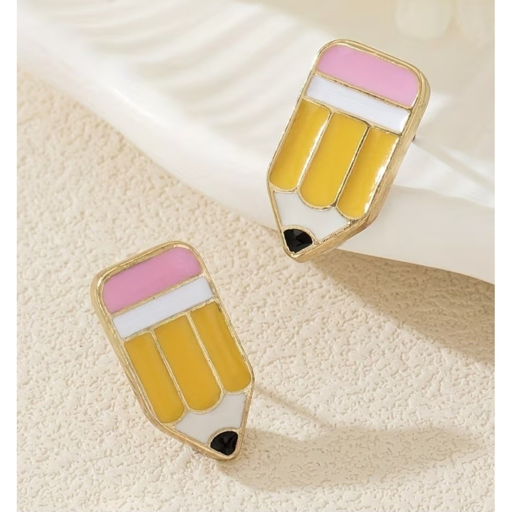 Yellow Pencil Enamel Stud Earrings Gold Tone Back to School Teacher Gift